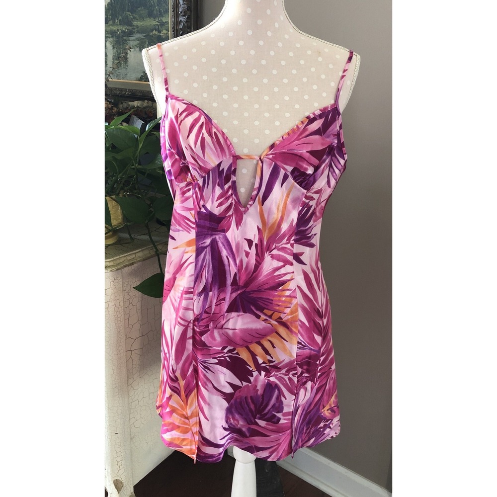 Fredrick's Of Hollywood Womens Slip Dress L Hot Pink Floral Trim Satin Chemise